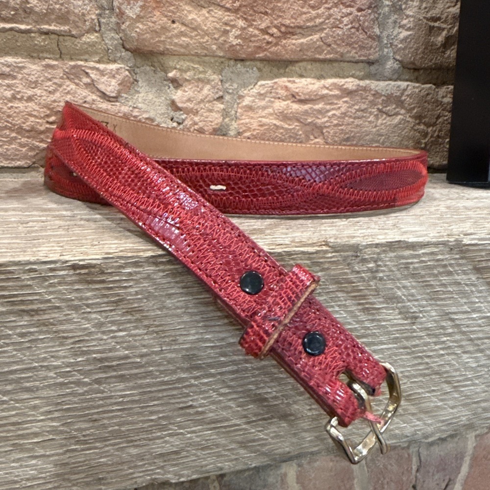 VTG Justin Exotic Leather Red LIZARD Belt Black Patchwork Size 30 USA Western